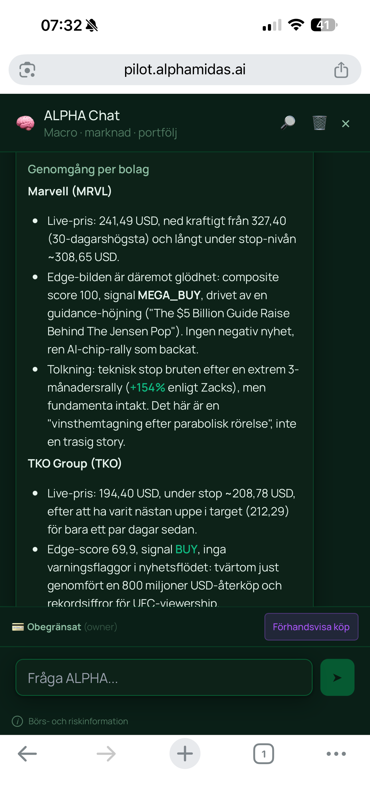 ALPHA Chat på mobilen: fråga vad som helst om marknaden och dina innehav